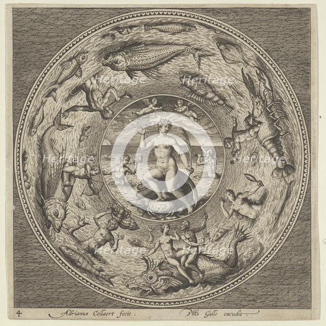 Design for a Plate with Galatea on a Shell Flanked by Trumpeters in a Medallion Border..., c1600. Creator: Adriaen Collaert.