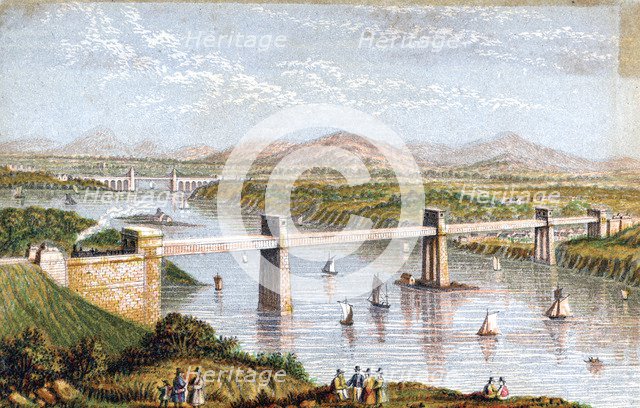 Britannia Tubular Bridge over Menai Straits, Wales, c1850s. Artist: Unknown