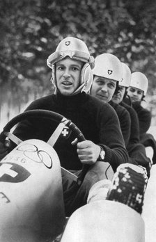 Swiss four man bobsleigh team, Winter Olympic Games, Garmisch-Partenkirchen, Germany, 1936. Artist: Unknown