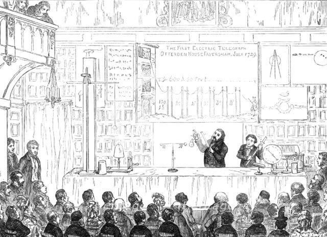 Lecture at the Charterhouse on Stephen Gray's discoveries in electricity, 1874. Creator: Unknown.