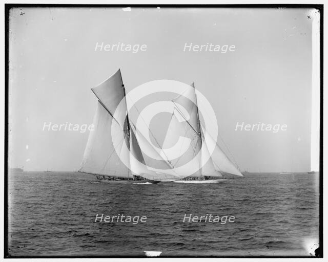 Shamrock and Columbia maneuvering for the start, 1899 Oct 19. Creator: Unknown.