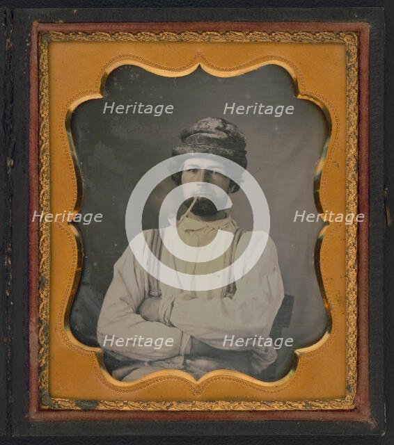 Head and shoulders portrait of a man, possibly a plasterer, seated, smoking a pipe, ca. 1850s. Creator: Unknown.