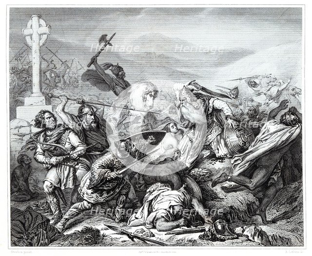 Battle of Tours between Visigoths and Normans in October 732. Engraving from 1853.