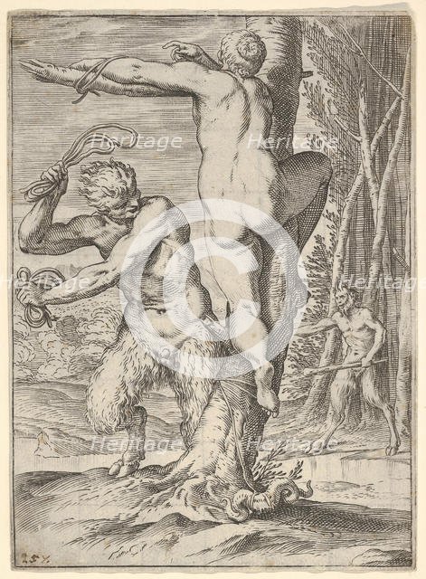 Satyr whipping a nymph, who is shown from behind and bound to a tree, a second saty..., ca. 1590-95. Creator: Agostino Carracci.