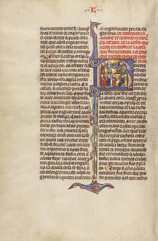 Initial R: Two Men Transacting the Sale of a Horse and Four Men before a Judge, about 1290-1310. Creator: Unknown.