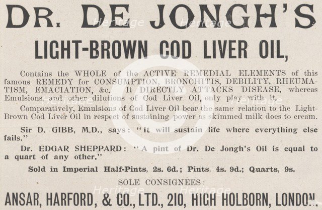De Jongh's Light-brown cod liver oil, 1898. Artist: Unknown