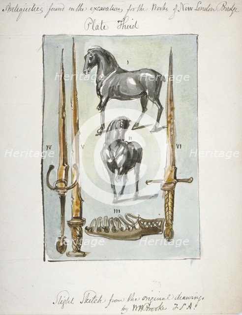 Antiquities found in the excavations for the works of the new London Bridge, 1825. Artist: Anon