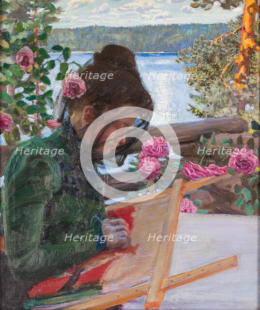 Mary embroidering on the porch of Kallela, ca 1897. Creator: Gallen-Kallela, Akseli (1865-1931).