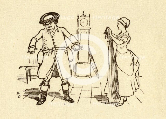 John Gilpin attaches wine bottles to his belt, 1878, (c1918).  Creator: Randolph Caldecott.