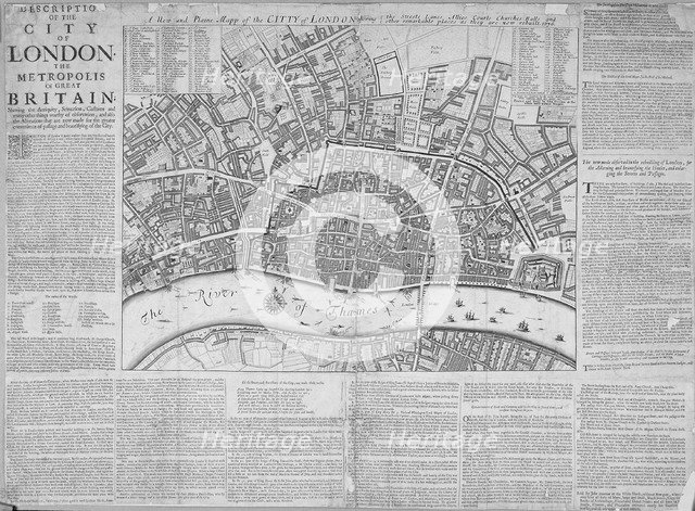 Map of the City of London surrounded by descriptive text, 1676. Artist: Anon