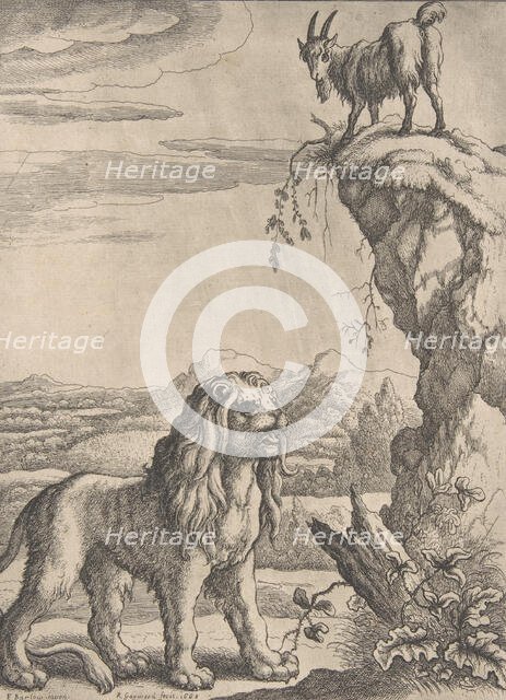 The Lyon and the Kid, from Ogilby's Aesopics, 1668. Creator: Richard Gaywood.