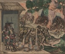 Slaves pour ore in front of European soldiers. In the background, slaves work in the mines, 1595. Creator: Bry, Theodor de (1528-1598).