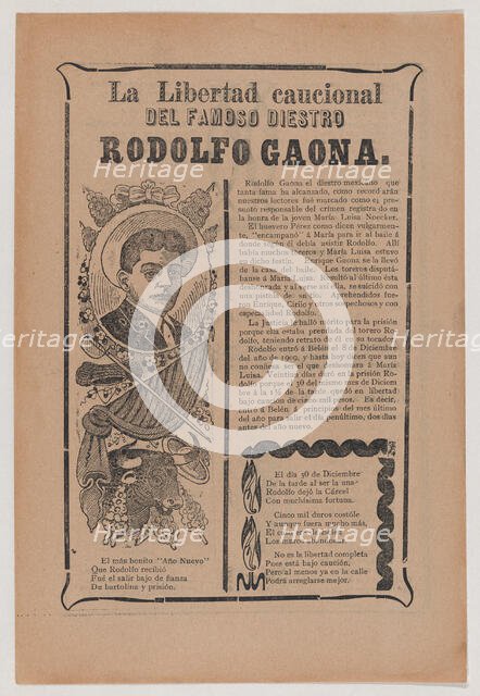 Broadsheet relating to the skillful bullfighter Rodolfo Gaona, ca. 1909., ca. 1909. Creator: José Guadalupe Posada.