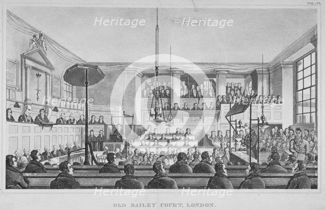 Interior view of the Sessions House, Old Bailey, City of London, 1824. Artist: Anon