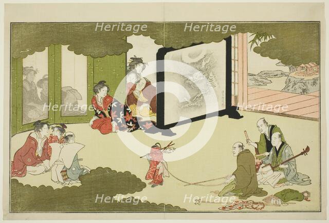 Performance of a Trained Monkey, from an illustrated poetry anthology entitled "The Young..., 1789. Creator: Kitagawa Utamaro.