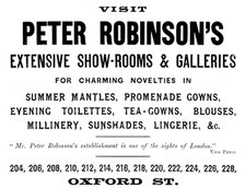 Advertisement for Peter Robinson's, womenswear, 1895. Creator: Unknown.