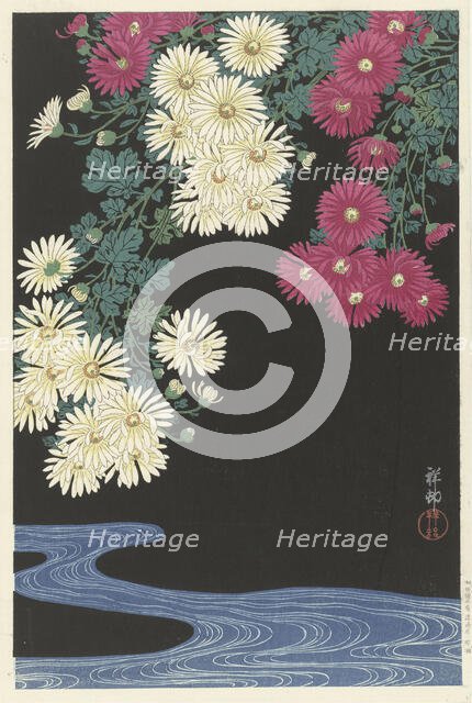 Chrysanthemums and Running Water, 1925-1936. Creator: Ohara, Koson (1877-1945).