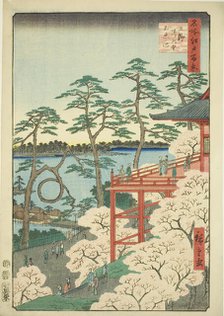 Kiyomizu Hall and Shinobazu Pond at Ueno (Ueno Kiyomizudo Shinobazu no ike), from the seri..., 1856. Creator: Ando Hiroshige.