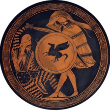 Greek hoplite fighting a Persian (Terracotta red-figure kylix) , ca 470 BC. Creator: Ancient pottery, Attican Art  .