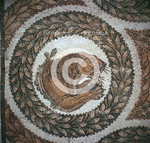 Detail of a Roman mosaic showing the head of a lion, 4th century. Artist: Unknown