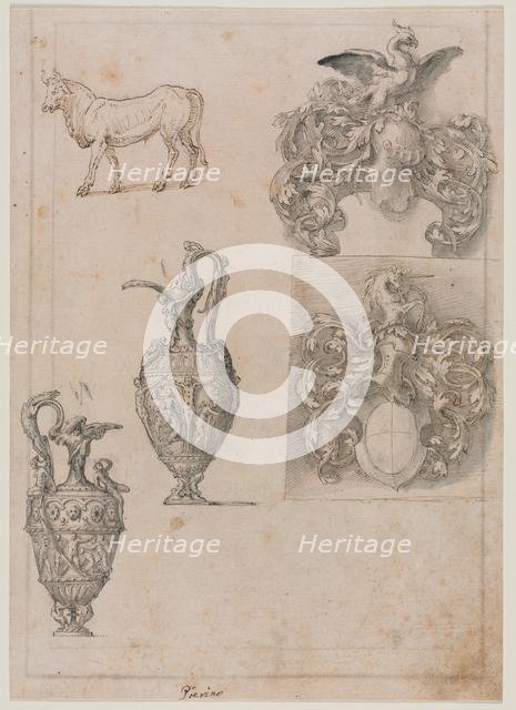 Design for Two Vases, Two Coats of Arms, and a Bull (recto) Several Line Borders (verso), mid 1500s. Creator: Luzio Romano (Italian, active 1528-75).