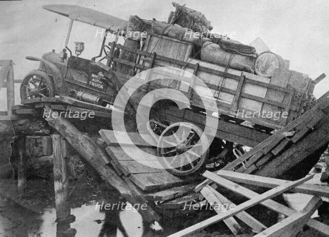 China - Bridge Broken Under American Truck, 1913. Creator: Harris & Ewing.