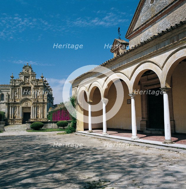 View of the gateway to the Cartuja of Defense of Jerez de la Frontera, with arcaded porch, at the…