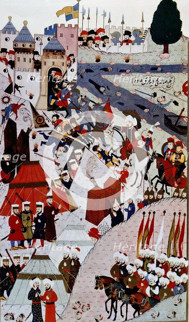 Mehmet II, storming the fortress of Belgrade. Turkish miniature.