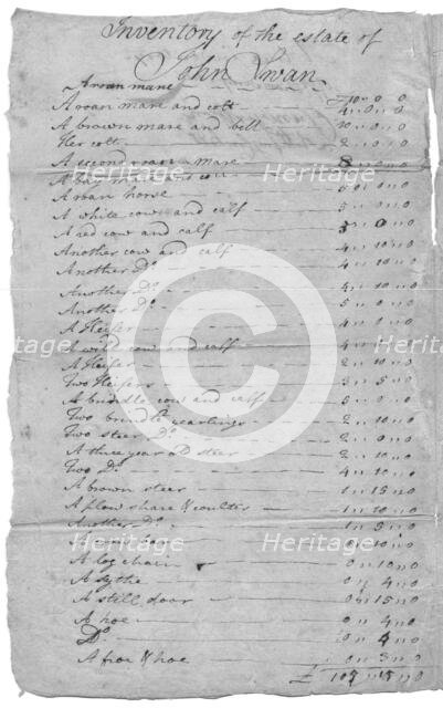 List of estate items with slaves at bottom of second page. Top reads "Inventory of..., 1800-1865. Creator: Unknown.