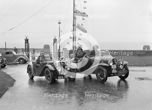 Austin 7 Grasshopper of CD Buckley and Fiat Balilla 508S of SGE Tett at the Blackpool Rally, 1936. Artist: Bill Brunell.