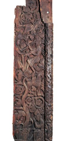 Wooden portal of Hylestad church, showing Sigurd roasting the dragon's heart. Artist: Unknown