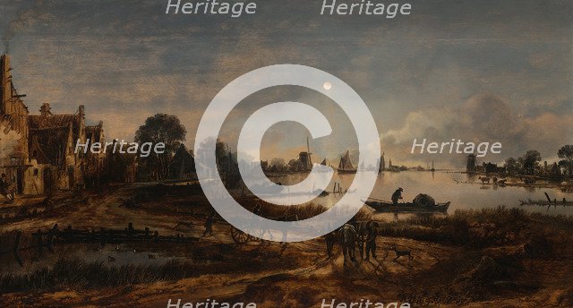 River view by moonlight, c. 1645. Artist: Neer, Aert, van der (1603-1677)