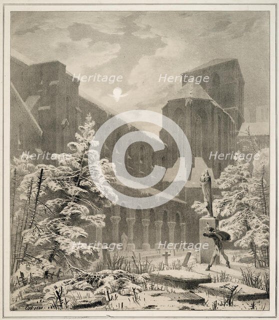 Church and Graveyard in the Snow by Moonlight, 1827. Creator: Karl Blechen.