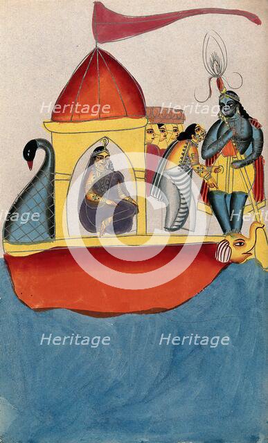 Krishna steering a peacock-headed boat carrying five women. Creator: Unknown.