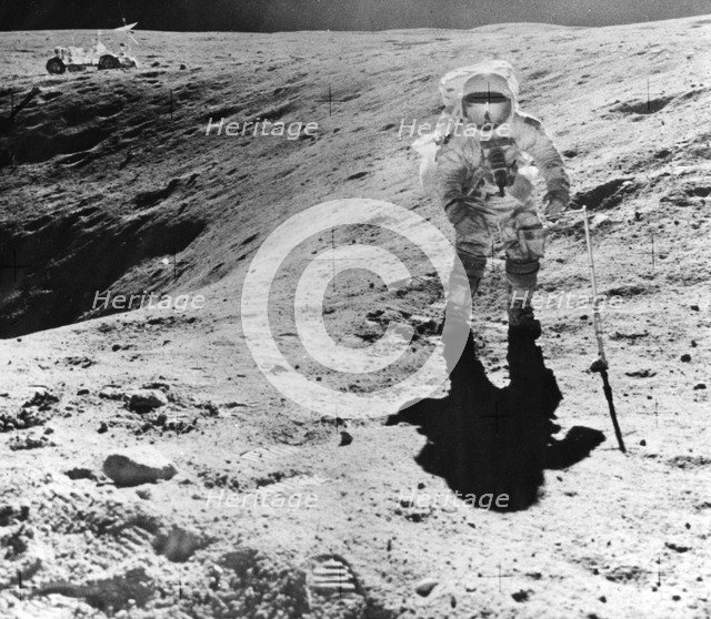 Charles Duke collecting samples at the Descartes landing site during the Apollo 16 mission, 1972. Artist: John Watts Young