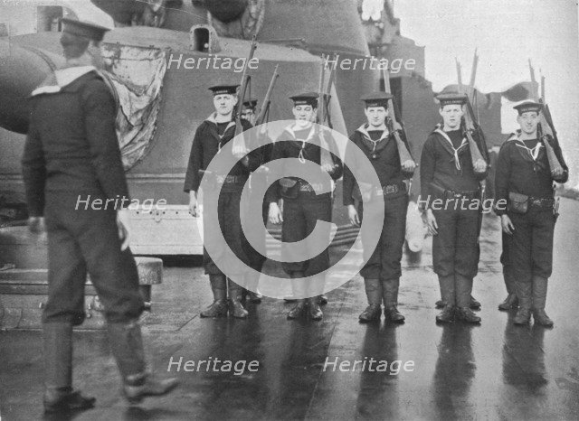 'Rifle drill on board a British battleship', 1915. Artist: Unknown.