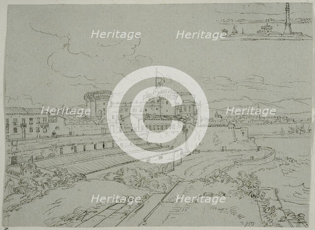 Castel Nuovo in Naples, and a sketch of the lighthouse. Creator: Adriaen Honing.