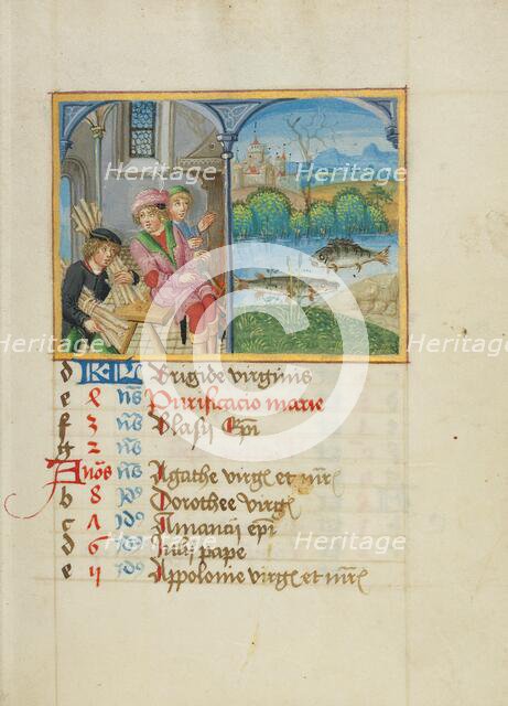 February Calendar Page: Keeping Warm: Pisces; Book of Hours, early 16th century. Creator: Unknown.