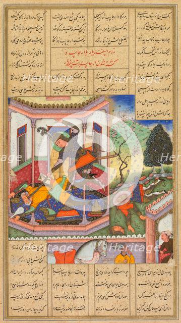 Isfandiyar slays Arjasp, the king of Turan, from a Shah-nama (Book of Kings) of Firdausi..., 1600-16 Creator: Haidar Kashmiri (Indian, active late 1500s-early 1600s).
