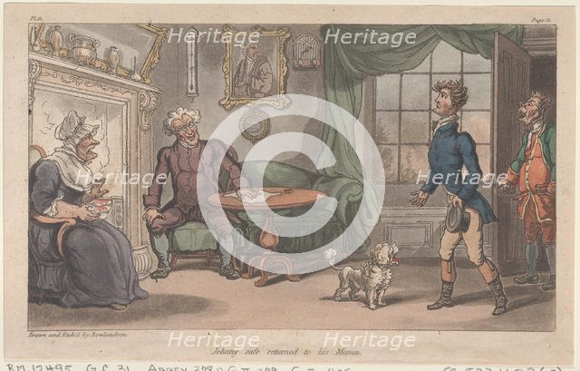 Johnny safe returned to his Mama, from "The Military Adventures of Johnny Newcome", 1815., 1815. Creator: Thomas Rowlandson.