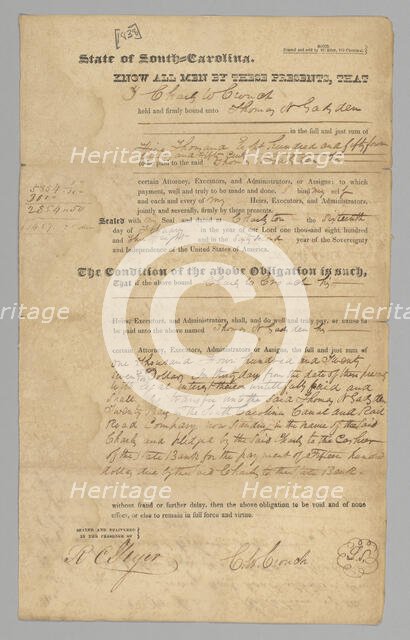 Bond from Charles Crouch to Thomas Gadsden, February 16, 1838. Creator: Unknown.