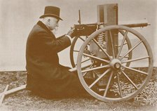 Hiram Maxim (1840-1916) presents the first automatic machine gun, 1884. Creator: Anonymous.