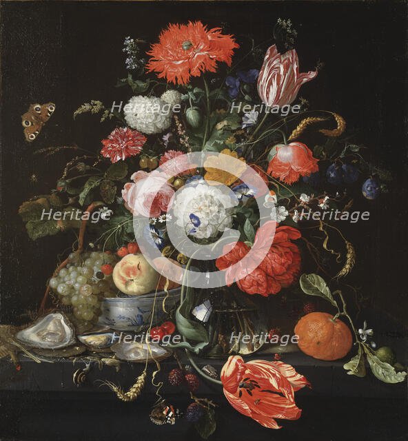 Flower Still Life with a Bowl of Fruit and Oysters, probably between 1665 and 1665. Creator: Jan Davidsz de Heem.