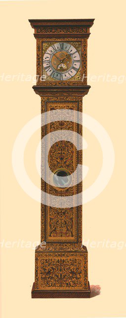 Clock inlaid with dark marquetry, 1905. Artist: Shirley Slocombe.