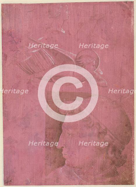 Head of a Man, Two Studies of a Woman's Profile, and a Study of An Angel (verso), c. 1458. Creator: Benozzo Gozzoli (Italian, 1420-1497).