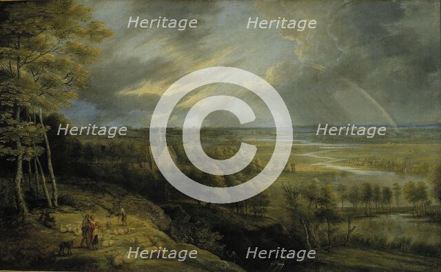 Landscape with rainbow, shepherds and sheep, 1648. Creator: Lucas van Uden.