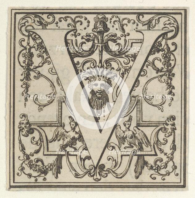Roman Alphabet letter V with Louis XIV decoration, 18th century. Creator: Bernard Picart.
