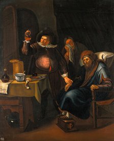 A medical practitioner examining the urine and taking the pulse of an elderly man. Creator: Jan Steen.
