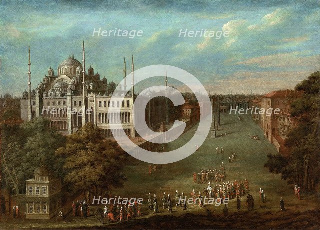 Procession of the Grand Vizier on the Hippodrome Square with the Sultan Ahmed Mosque, 1737. Artist: Vanmour (Van Mour), Jean-Baptiste (1671-1737)