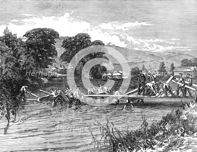 The Autumn Campaign: laying a trestle bridge over the River Stour, Durweston, near Blandford, 1872. Creator: Unknown.